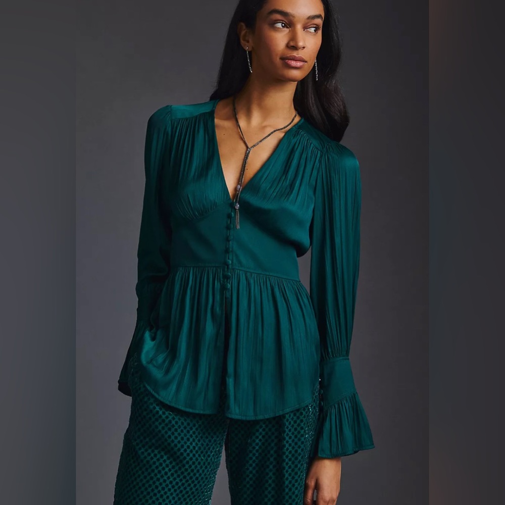 Anthropologie Hunter green V-neckline Top